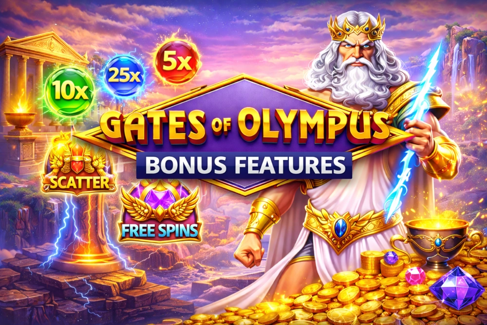 Gates of Olympus bonus features banner with Zeus, lightning, multipliers, scatter symbol, free spins icon, and golden coins in an Olympus fantasy scene