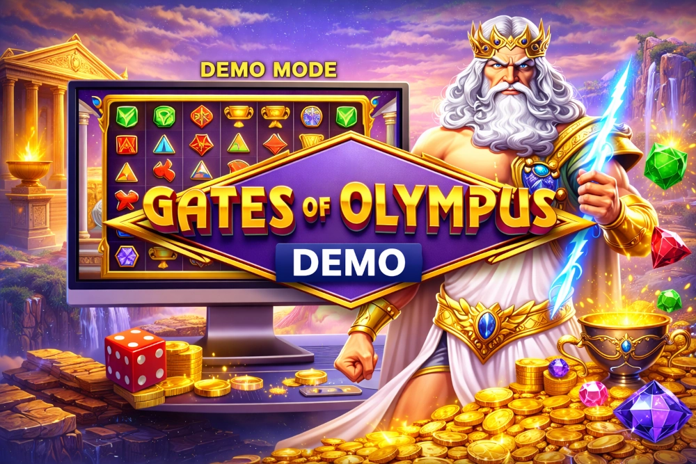 Gates of Olympus demo banner with Zeus, slot screen, lightning, colorful symbols, and golden coins in a fantasy Olympus scene