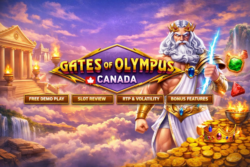 Gates of Olympus Canada guide with Zeus, Olympus landscape, lightning, golden coins, and slot-themed visual elements