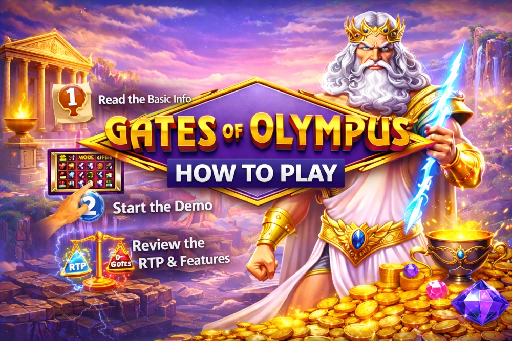 Gates of Olympus how to play banner with Zeus, lightning, numbered gameplay steps, RTP symbols, and golden coins in an Olympus fantasy scene
