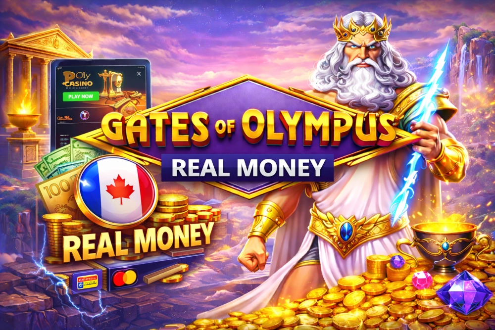 Gates of Olympus real money banner with Zeus, lightning, Canadian cash symbols, coins, and mobile casino elements in an Olympus fantasy scene