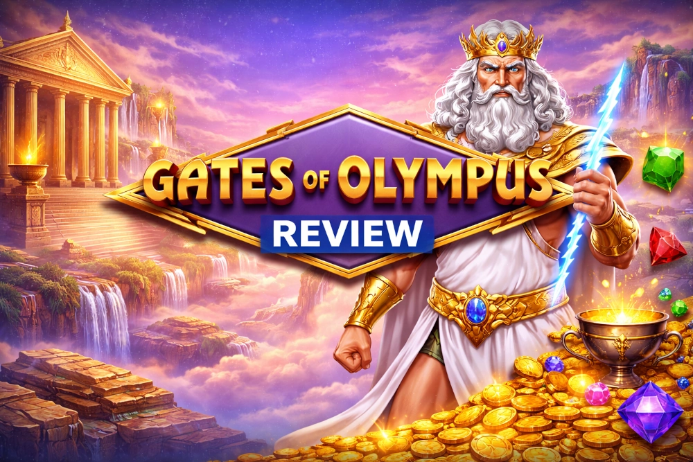 Gates of Olympus review banner with Zeus, Olympus temple, lightning, gemstones, and golden coins in a mythic fantasy setting
