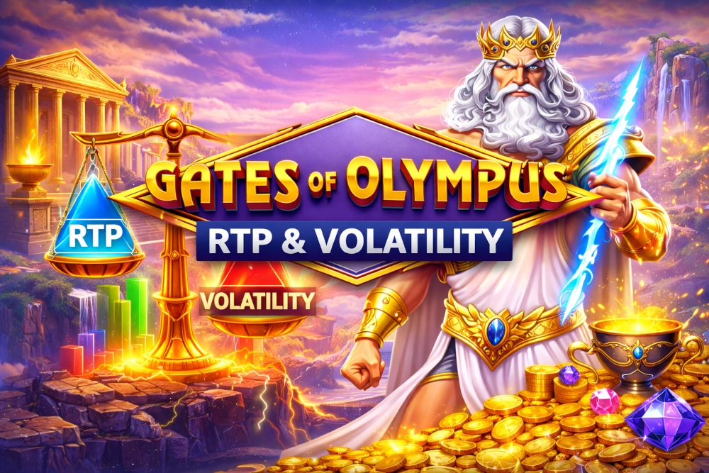 Gates of Olympus RTP and volatility banner with Zeus, lightning, scales, glowing RTP and volatility indicators, and golden coins in an Olympus fantasy scene